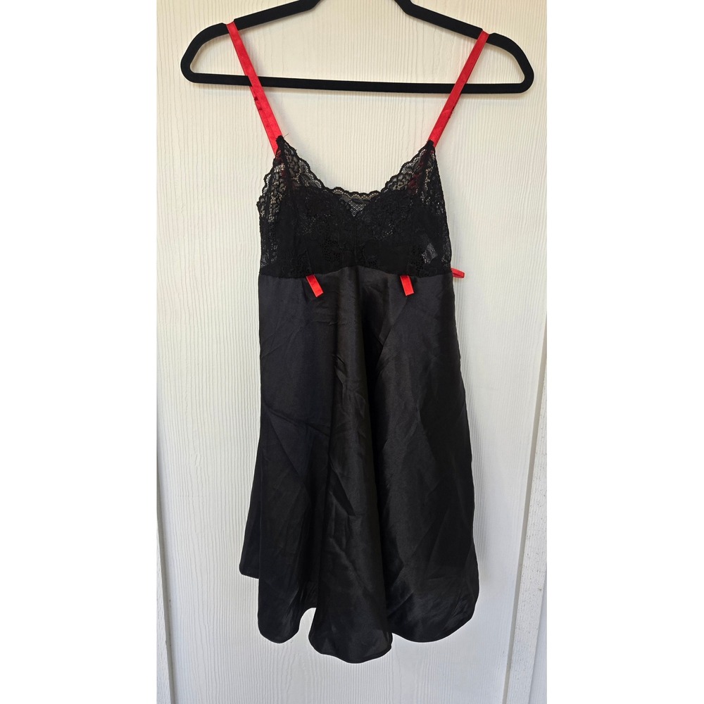 Black Satin Lace Babydoll Slip Dress Size 12-14 Y2K Whimsigoth Dark Fairy Witchy